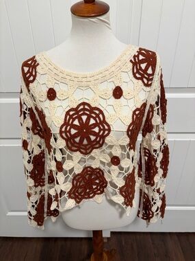 Rebellion Crochet Floral Open-Weave Sweater - Cream & Brown